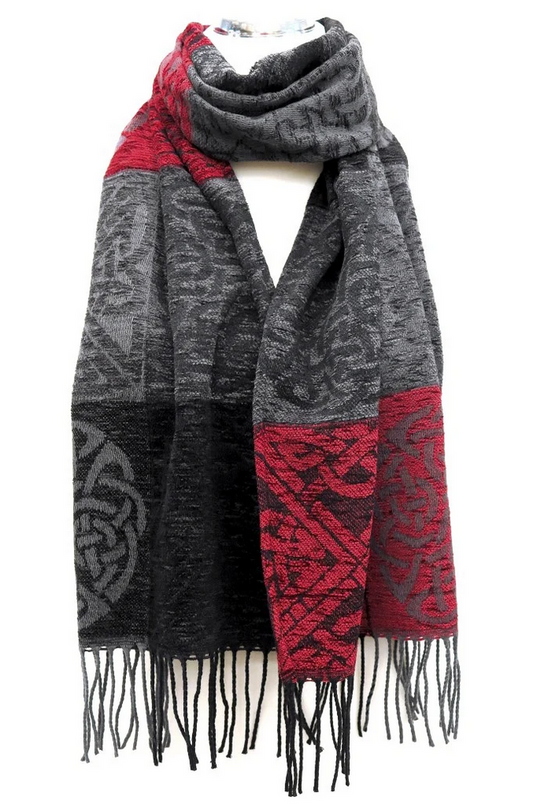 Grey Black Red Celtic Knot Jacquard Wool Scarf