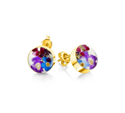 Purple Haze Gold-plated Round Studs With Real Flowers