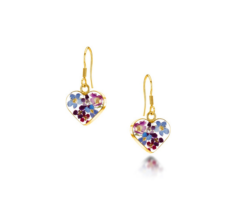 Purple Haze Gold-plated Heart Drop Earrings With Real Flowers