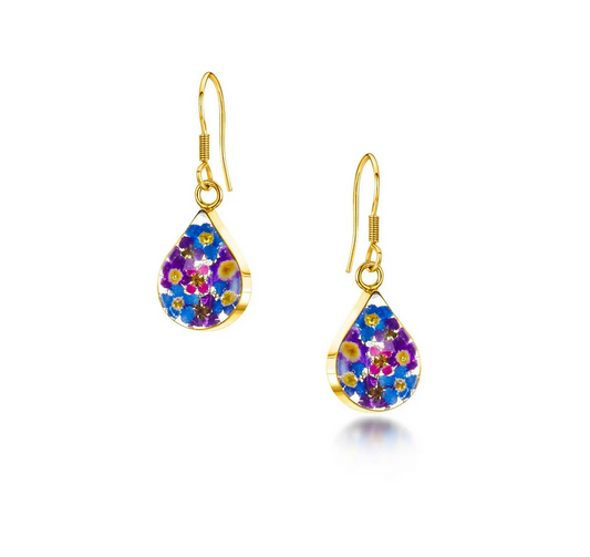 Purple Haze Gold-plated Teardrop Dangle Earrings With Real Flowers