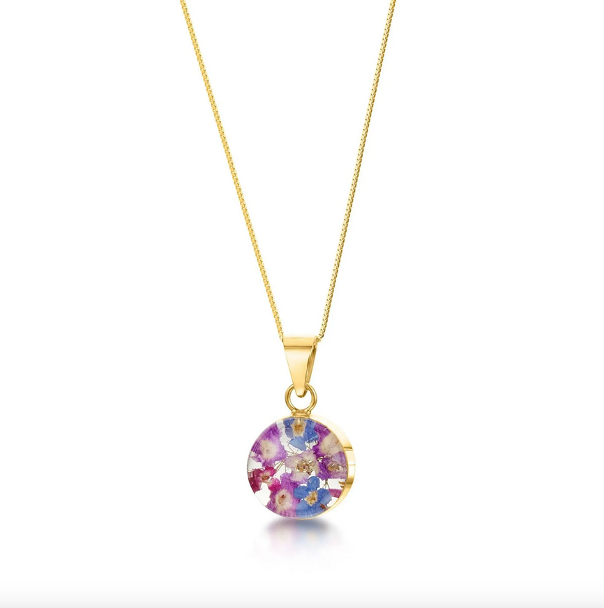 Purple Haze Gold Plated Round Pendant with Real Flowers