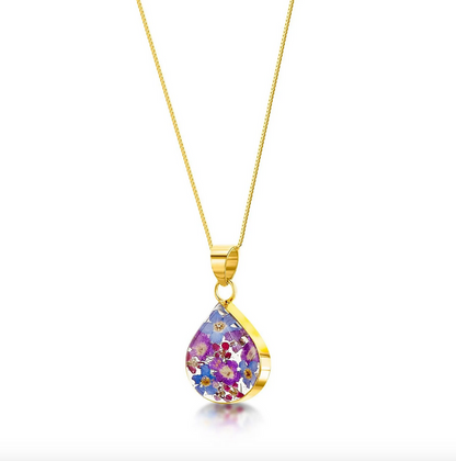 Purple Haze Gold Plated Teardrop Pendant with Real Flowers