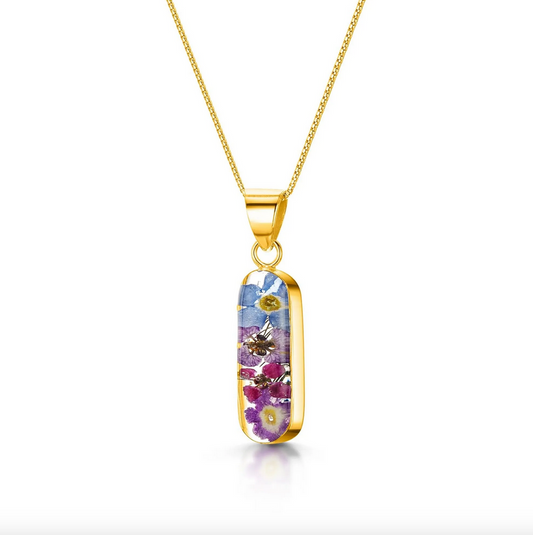 Purple Haze Gold Plated 'Leela' Vertical Bar Pendant with Real Flowers