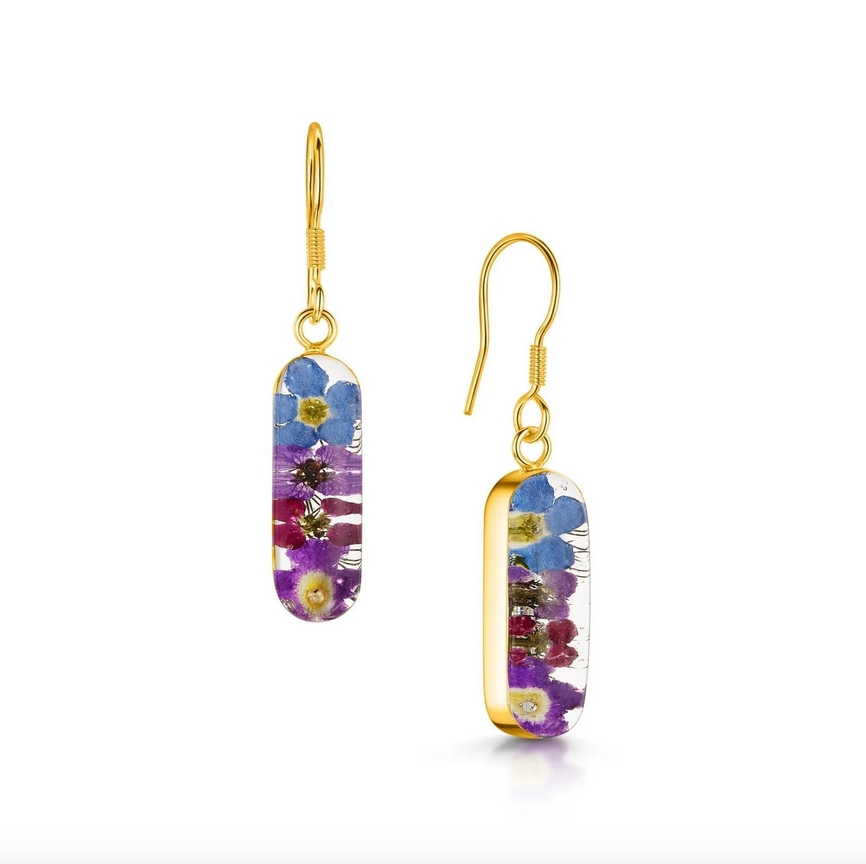 Purple Haze Gold-plated 'Leela' Vertical Bar Dangle Earrings With Real Flowers