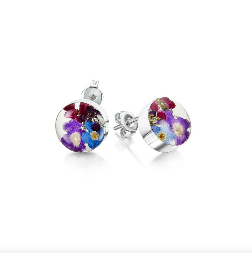 Purple Sterling Silver Round Studs With Real Flowers