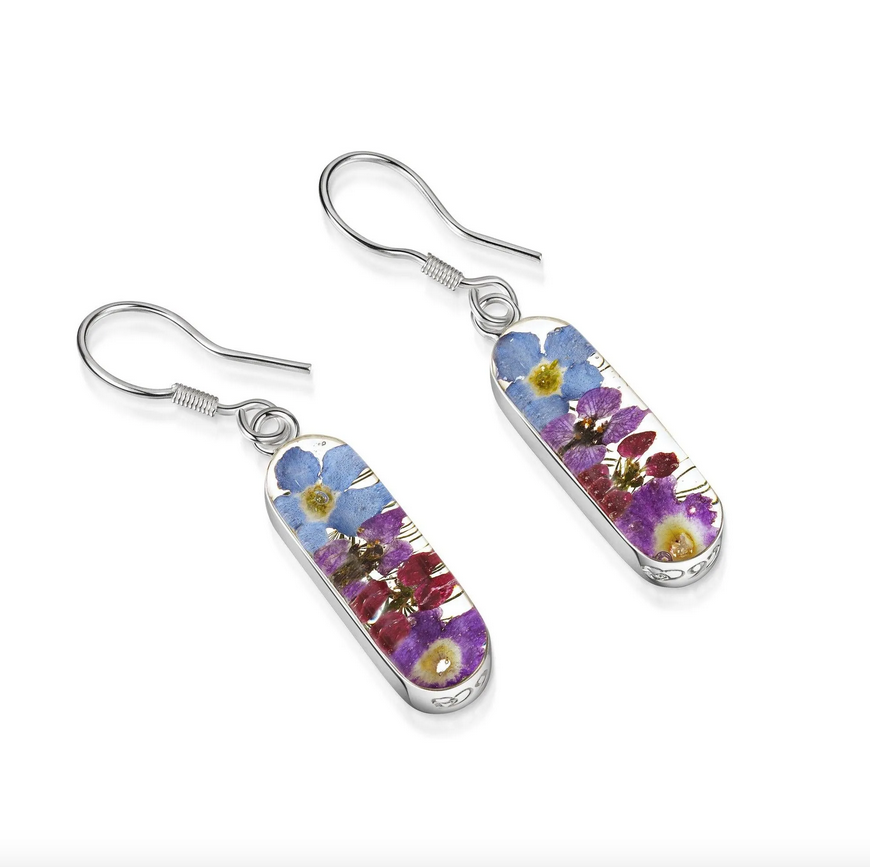 Purple Haze Sterling Siver 'Leela' Vertical Bar Earrings With Real Flowers