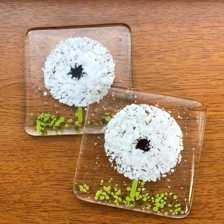 White Flower Glass Coaster Pair