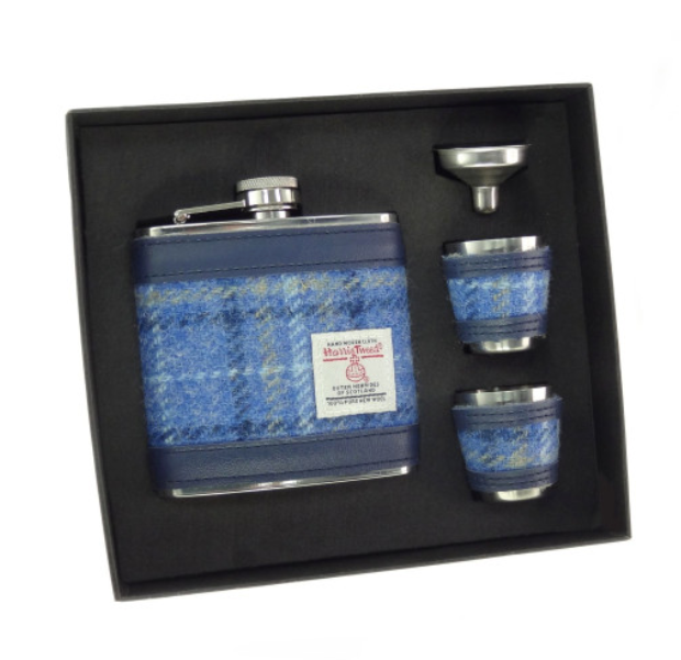 Light Blue Harris Tweed Hip Flask Gift Set