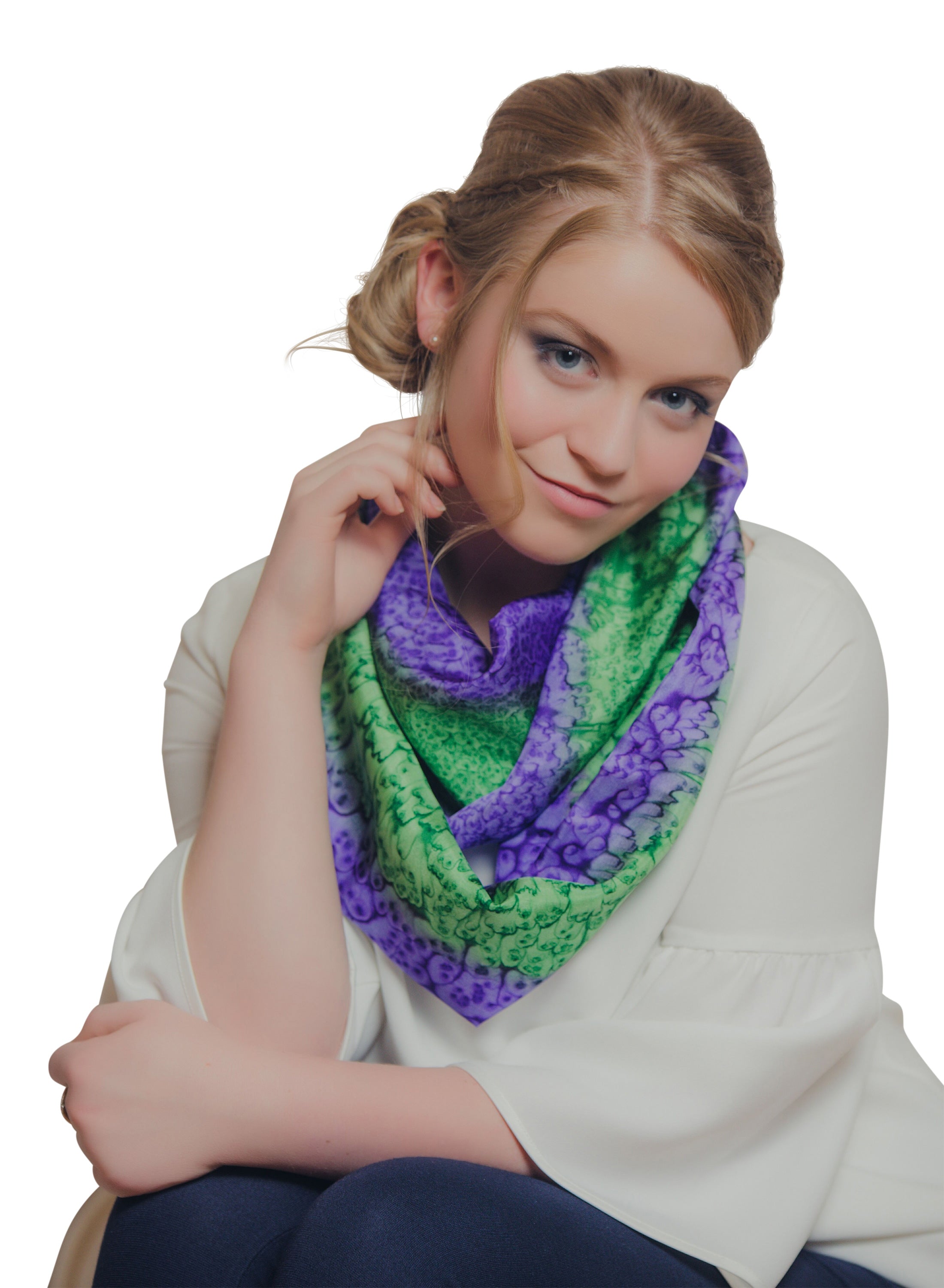 Popular Purple Silk Scarf. Hand Painted Purple and Green Silk Scarf.