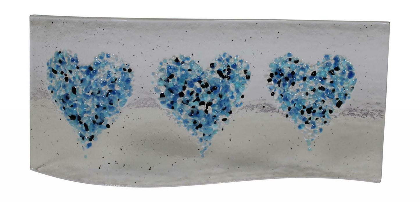Hand Fused Blue Heart Glass Wave Panel