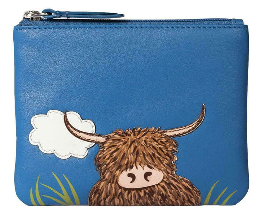 Blue Leather Highland Cow Zip Top Coin Purse
