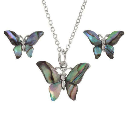 Paua Shell Butterfly Necklace & Studs Set