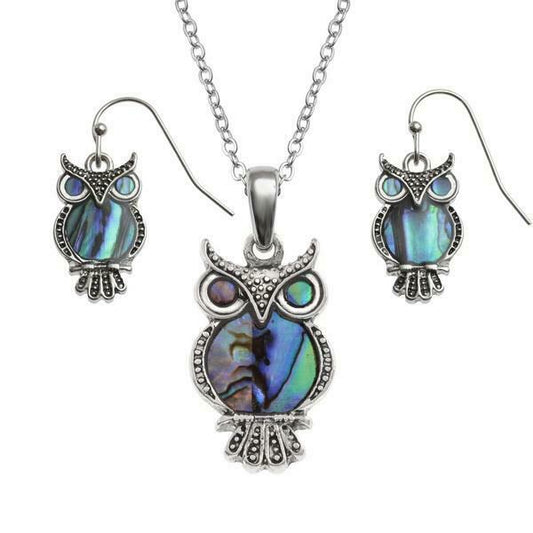 Paua Shell Owl Necklace Earring Set
