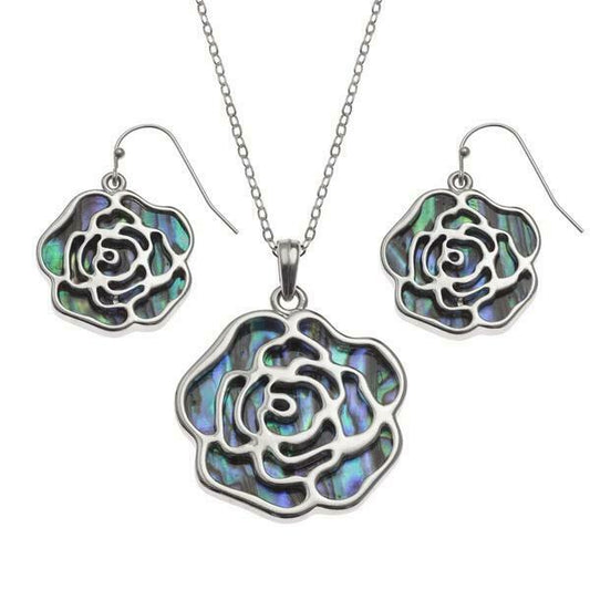 Paua Shell Rose Necklace & Earring Set