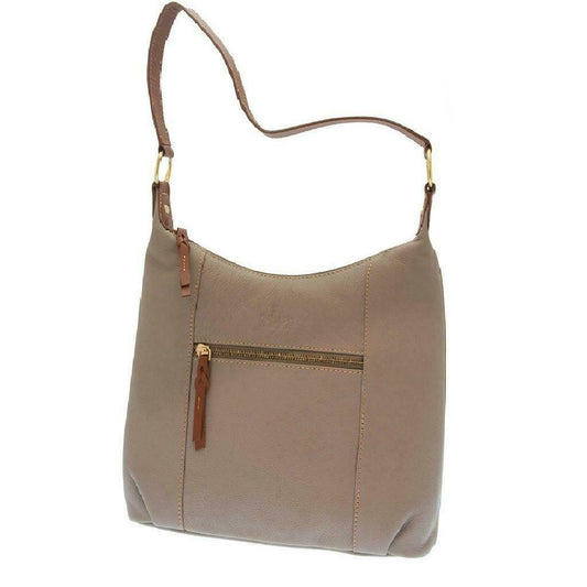 Taupe Grey Zip Top Leather Shoulder Handbag