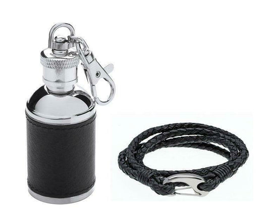 Hipflask Keyring & Leather Bracelet Set