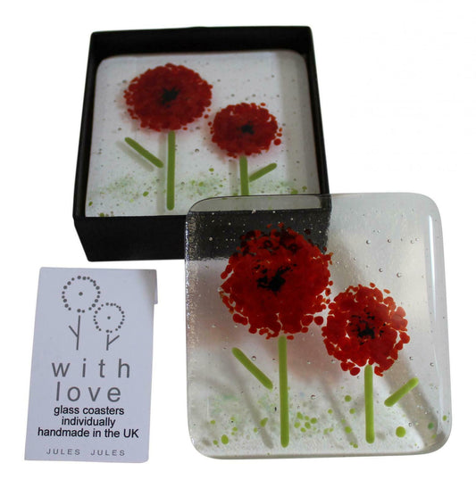 Pair of Red Flower Glass Coasters