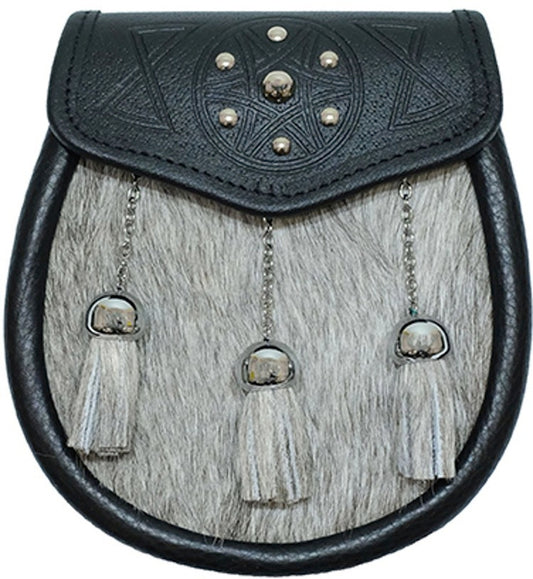 Semi Dress Celtic Sporran Black Leather with Grey Fur