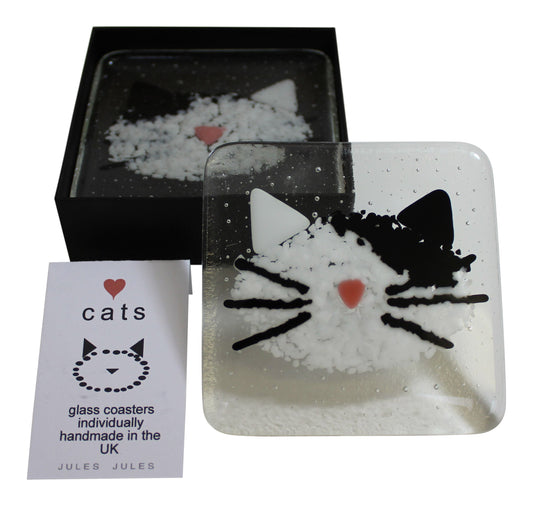 Fused Glass Black White Cat Coaster Pair