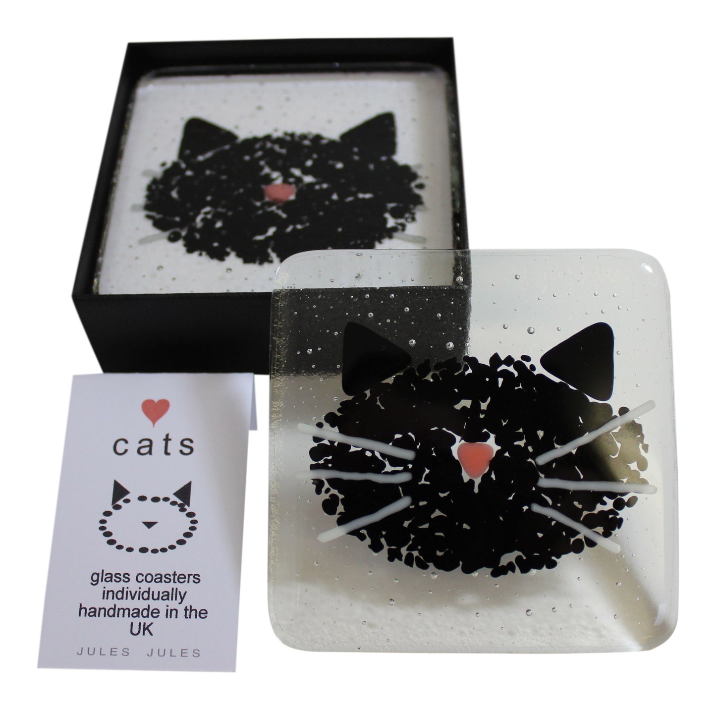 Glass Black Cat Coaster Pair