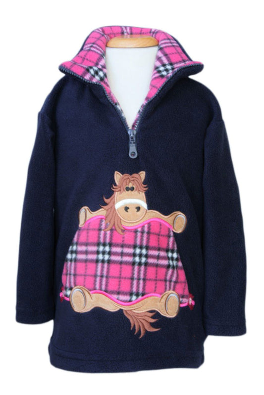 Ramblers Navy Horse Fleece With Pink Tartan Check Collar & Pocket