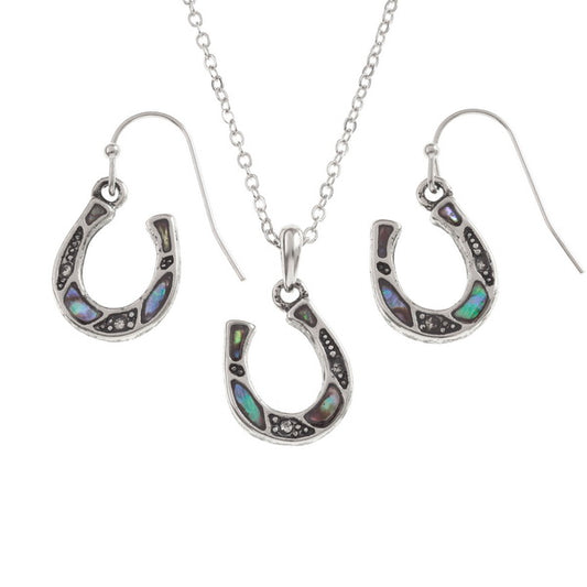 Paua Shell Horse Shoe Necklace & Earring Set