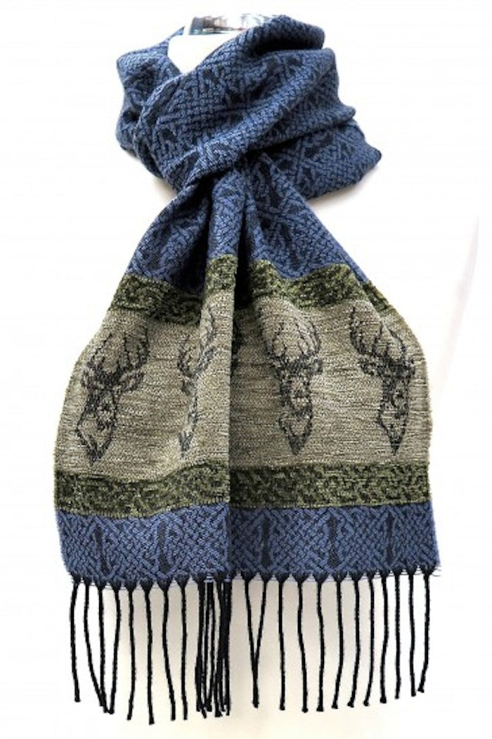 Blue Celtic Stag Blue Jacquard Wool Scarf