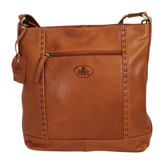 Angora Brown Tan Zip Top Leather Cross Body Handbag
