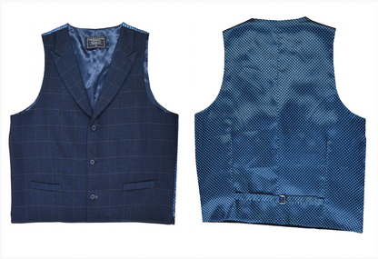 Classic Navy Blue Check Tailored Fit Wool Waistcoat Vest Gilet With Contrast Spot Backing