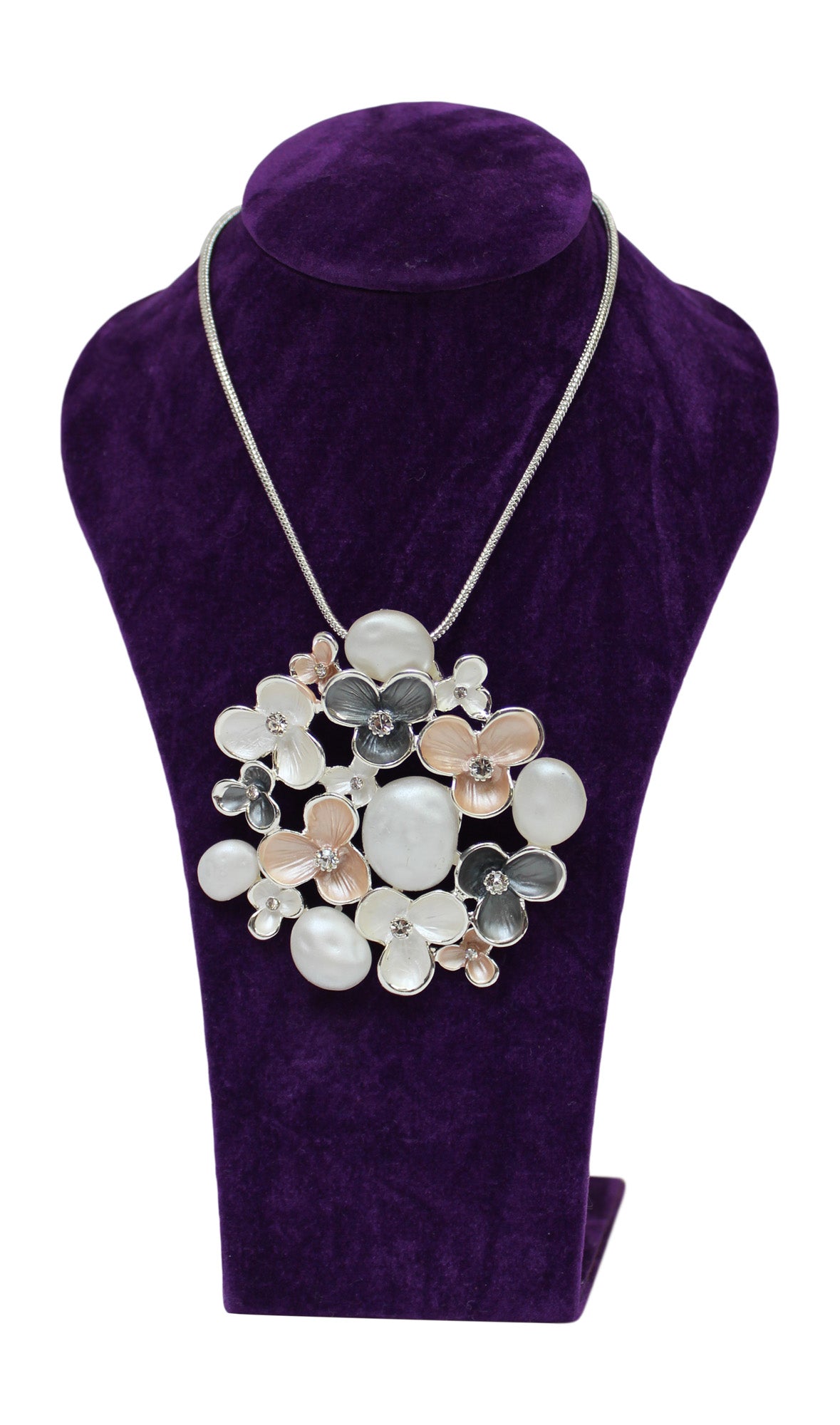 Pink Black White Flower & Pearl Necklace