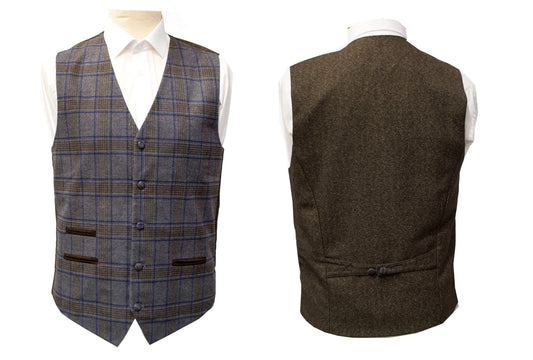 Grey Blue Brown Check Waistcoat