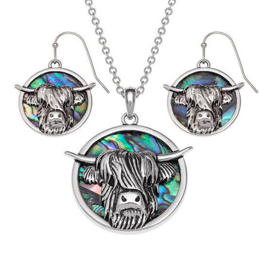 Paua Shell Highland Cow Necklace & Earring Set
