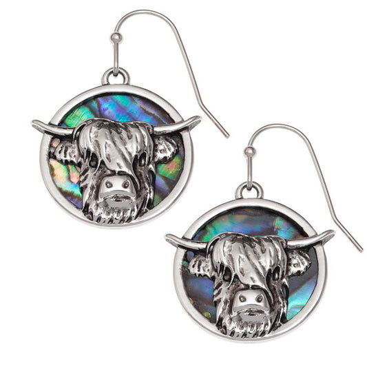 Paua Shell Highland Cow Dangle Earrings