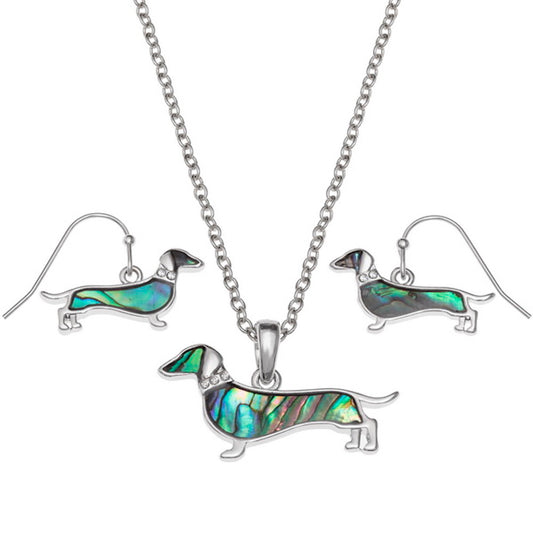 Paua Dachshund Necklace & Earring Set