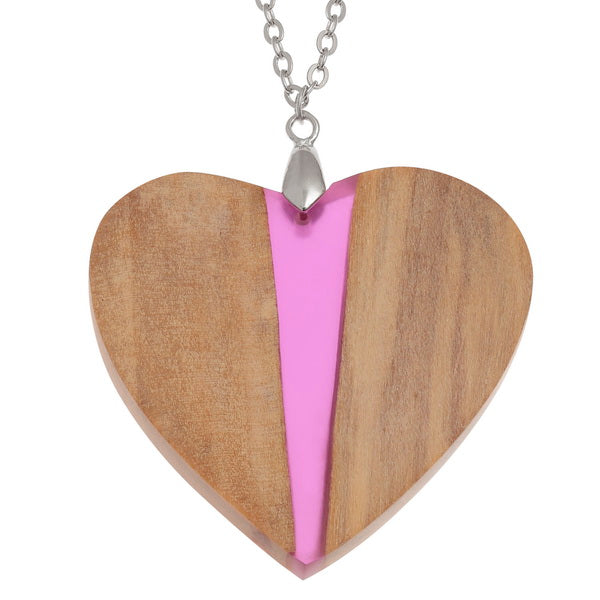Burr Wood & Pink Resin Heart Long Necklace