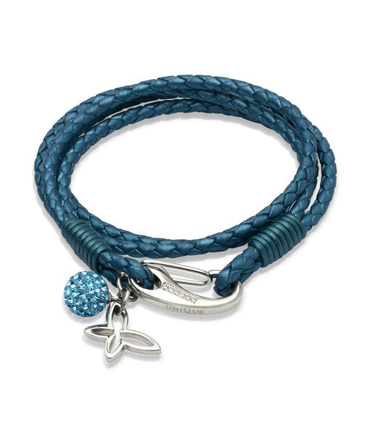 Blue Leather Bracelet With Butterfly Crystal