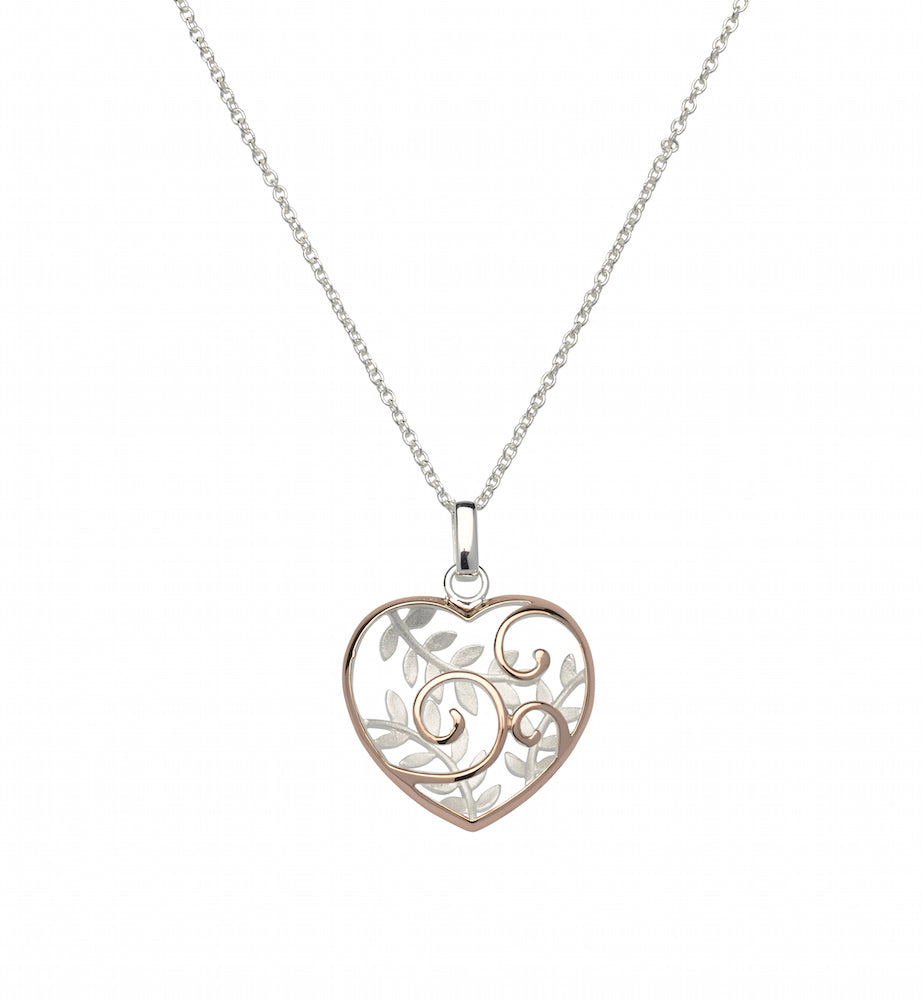 Sterling Silver and Rose Gold Heart Shaped Leaves Pendant