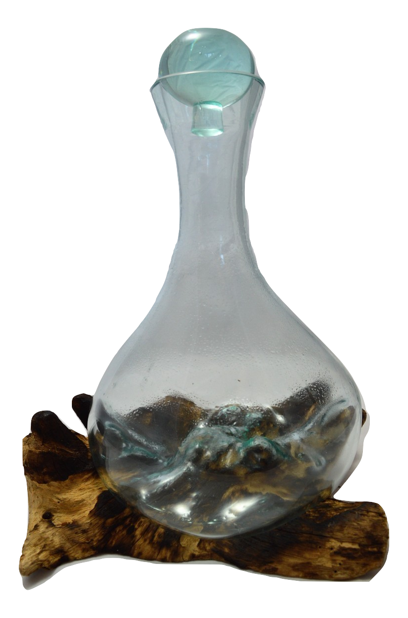 Glass Decanter & Stopper Teak Wood Base