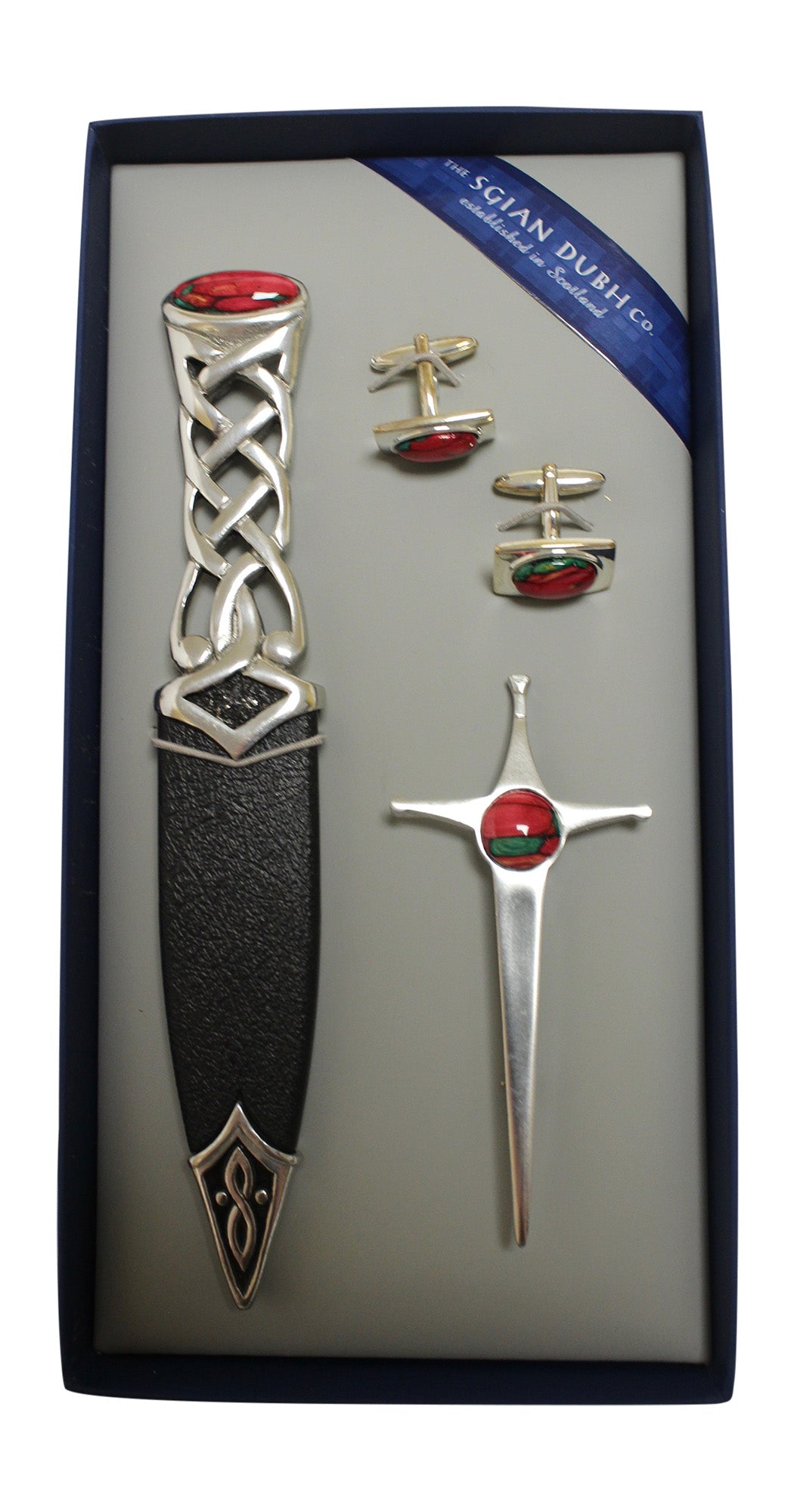 Red 3 Piece Sgian Dubh Haggis Knife, Cufflinks, Kilt Pin Gift Set