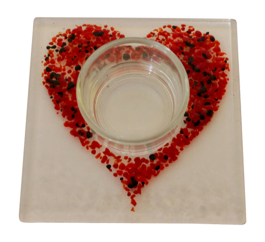 Hand Fused Red Love Heart Glass Tealight Holder