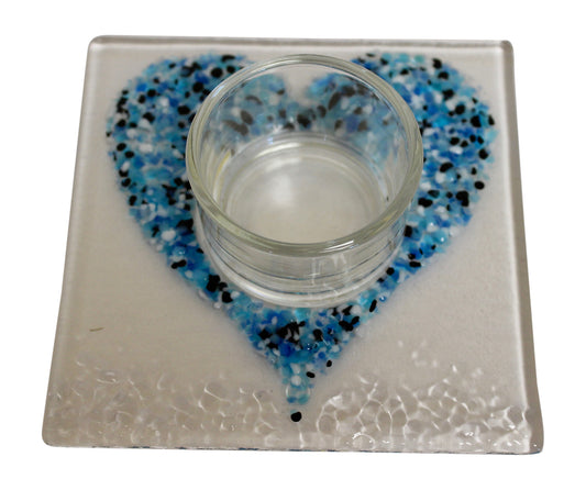 Blue Love Heart Glass Square Tealight Holder
