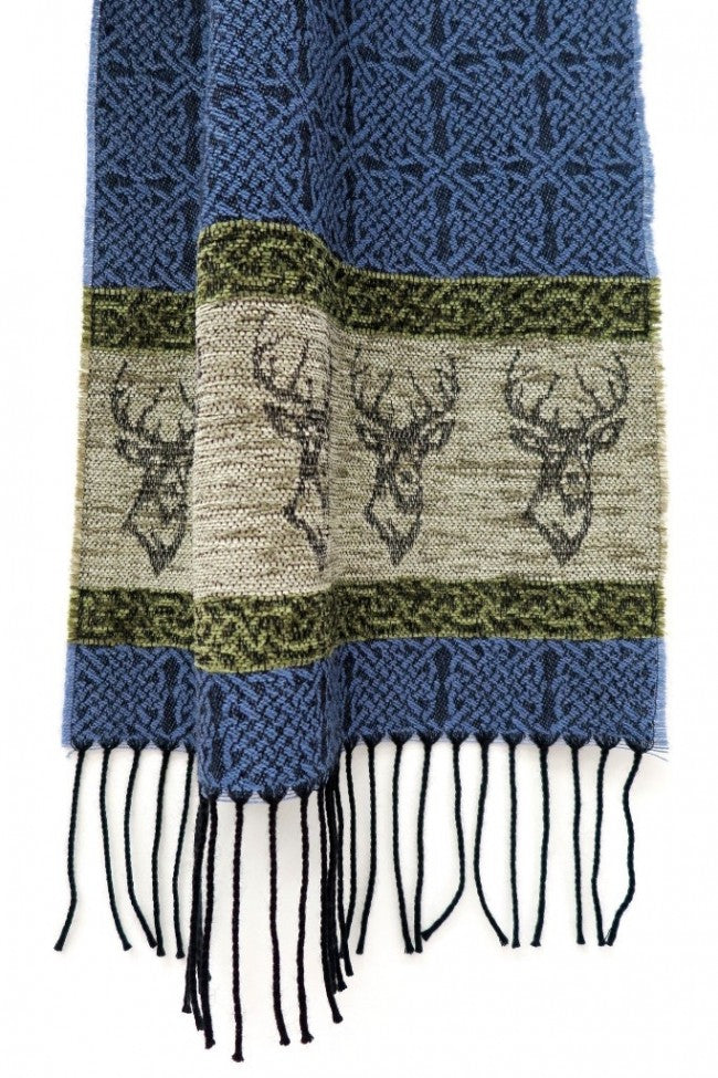 Blue Celtic Stag Blue Jacquard Wool Scarf