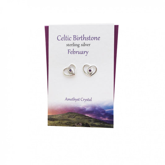 Celtic Heart February Amethyst Studs