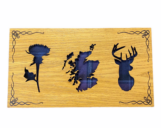 Tartan Landscape Thistle Scotland Stag Mountable Hanging Oak Wooden Wall Plaque