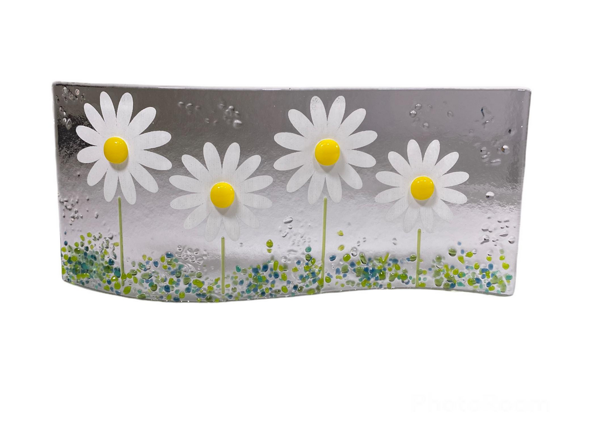 White Daisy Fused Glass Wave Panel