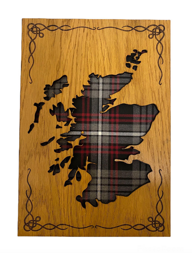 Arcaro Art Tartan Scotland Map Mountable Hanging Oak Wooden Wall Plaque