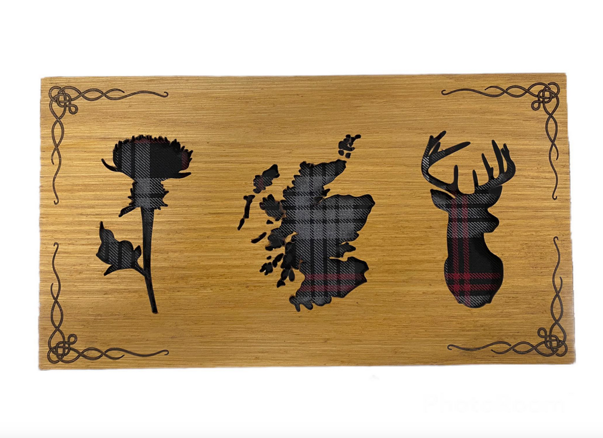 Tartan Landscape Thistle Scotland Stag Mountable Hanging Oak Wooden Wall Plaque