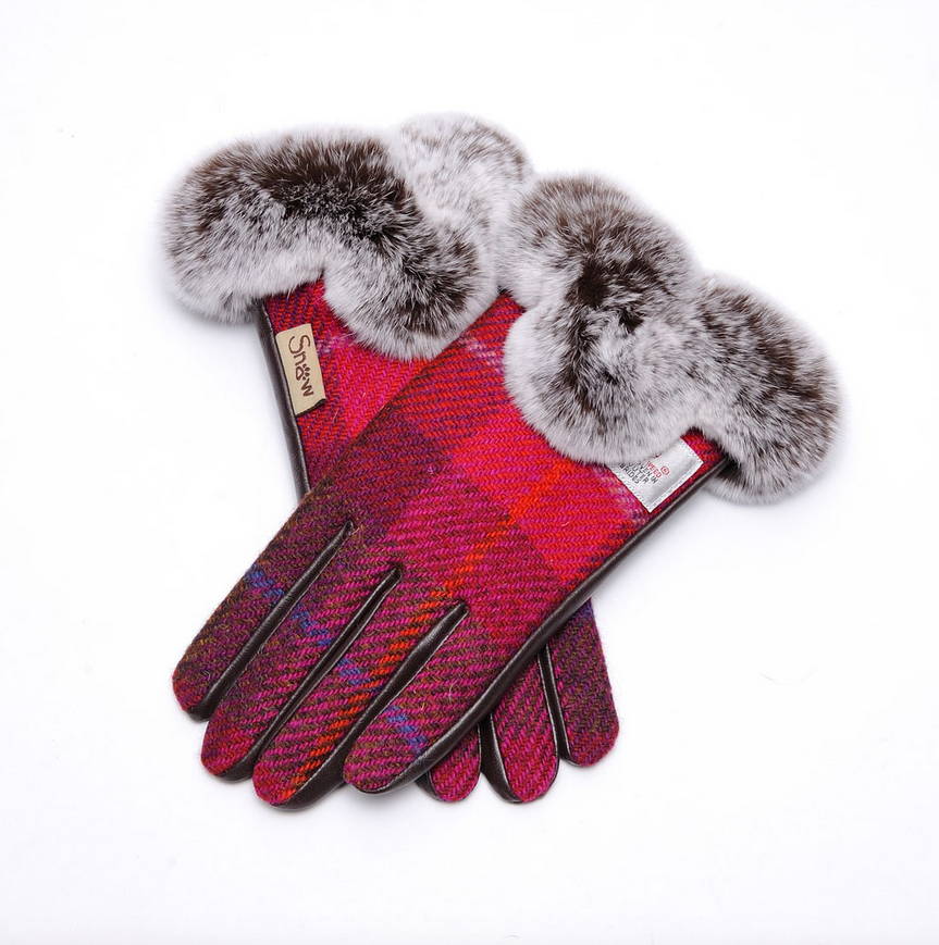 Ladies Fuchsia Tartan Gloves - Faux Fur