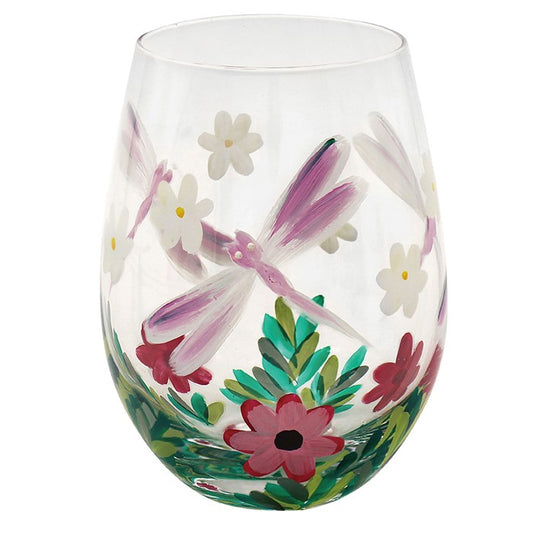 Dragonfly & Pink Flower Stemless Gin Glass