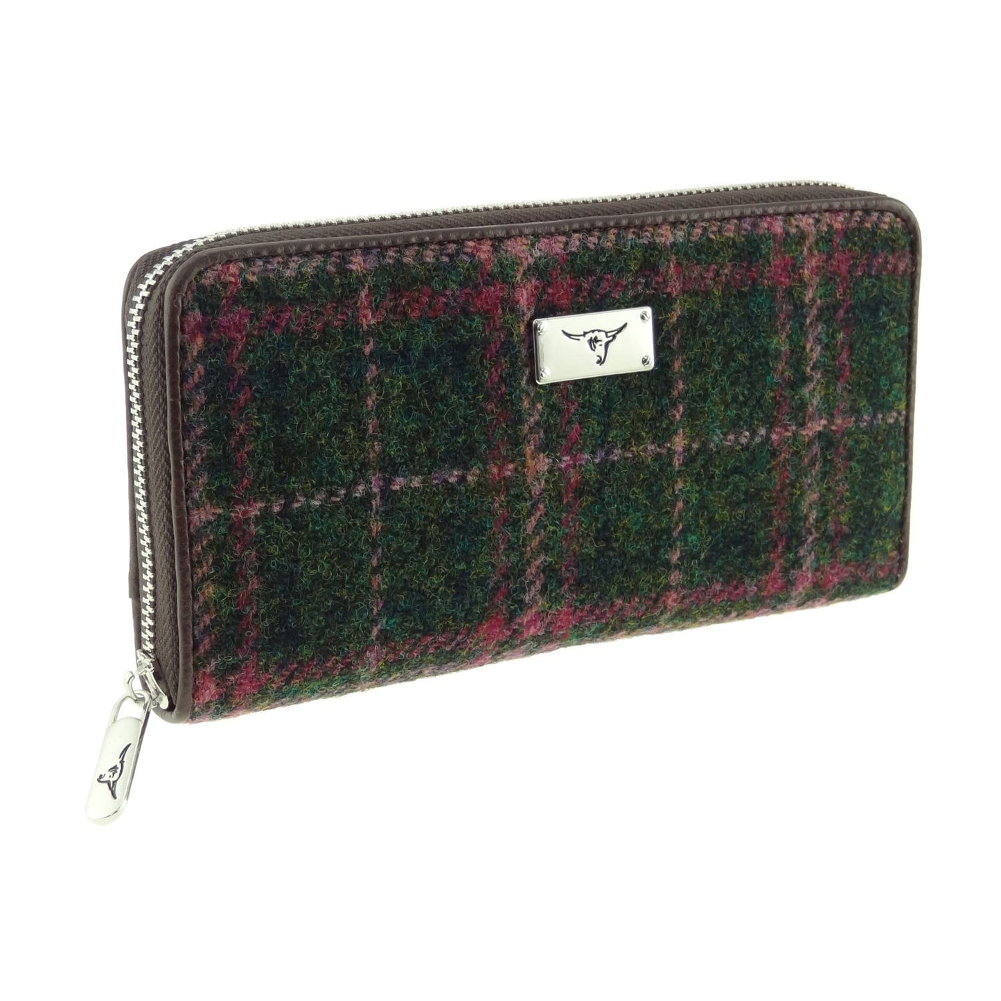 Dark Green Plum Tartan Zip Round Purse